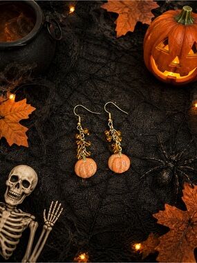 Hand Crafted Orange Pumpkin Dangle Earrings with Gold Accents